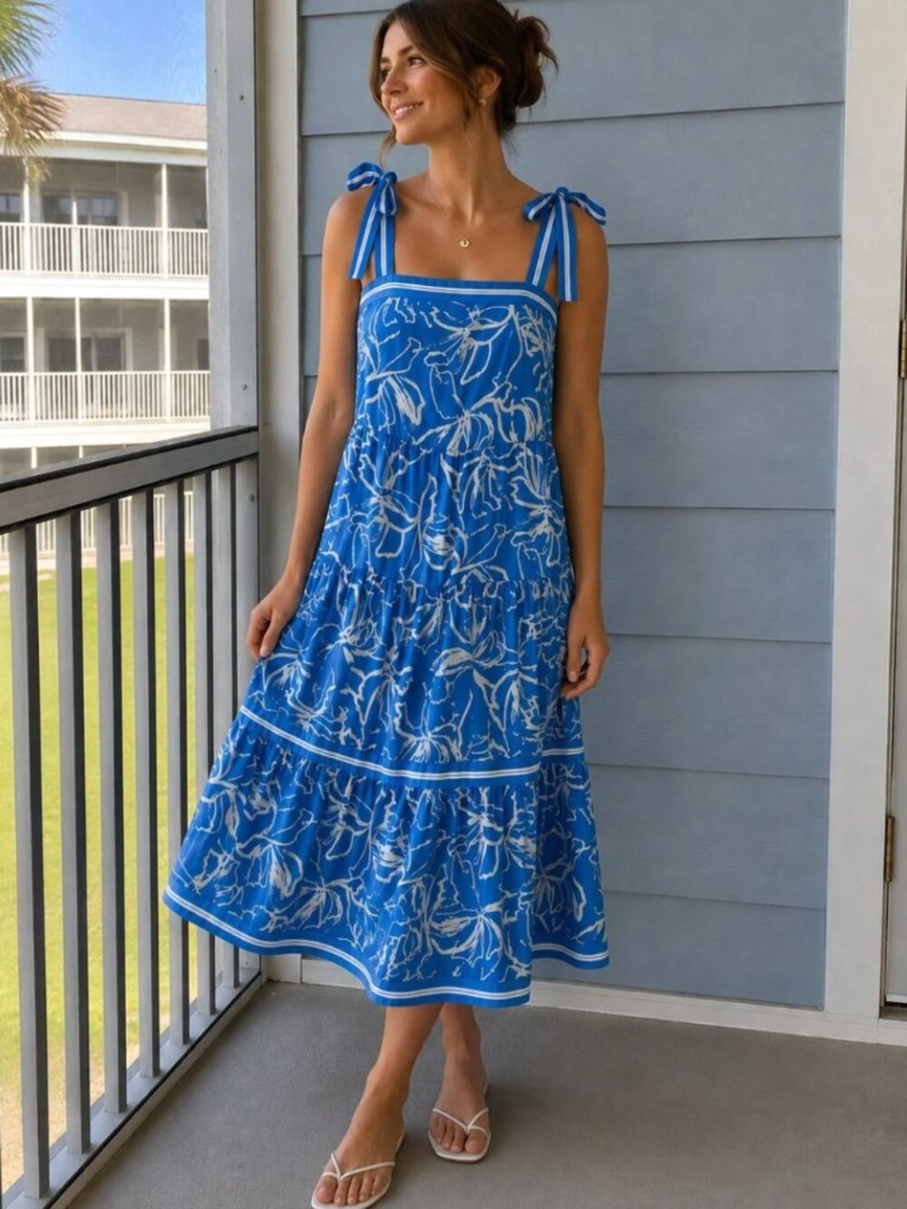 Umgee Blue & White Floral Tie-Shoulder Midi Dress